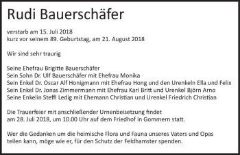 Traueranzeige von Rudi Bauerschäfer  von Magdeburger Volksstimme