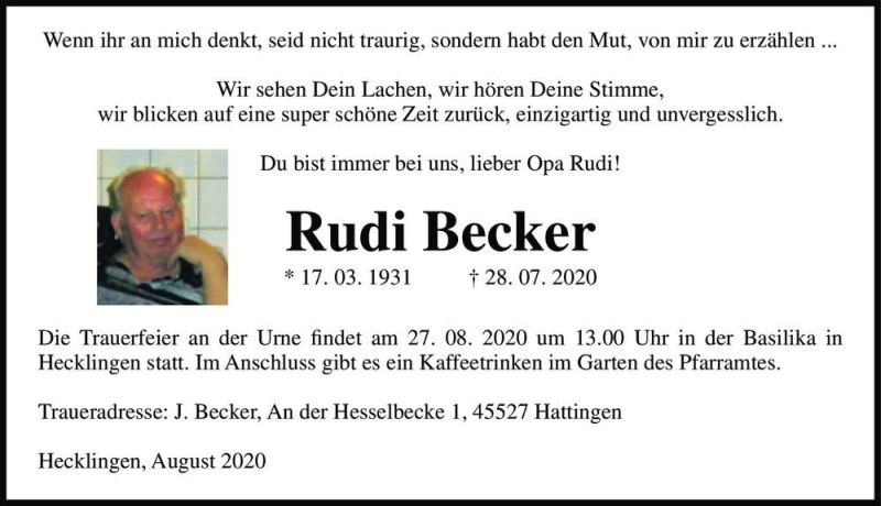 Traueranzeige für Rudi Becker  vom 15.08.2020 aus Magdeburger Volksstimme