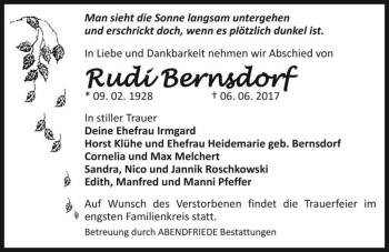 Traueranzeige von Rudi Bernsdorf  von Magdeburger Volksstimme