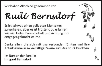 Traueranzeige von Rudi Bernsdorf  von Magdeburger Volksstimme