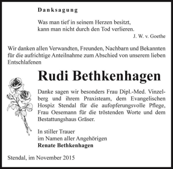 Traueranzeige von Rudi Bethkenhagen  von Magdeburger Volksstimme