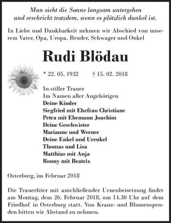 Traueranzeige von Rudi Blödau  von Magdeburger Volksstimme