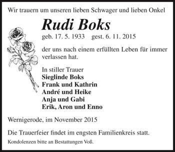 Traueranzeige von Rudi Boks  von Magdeburger Volksstimme