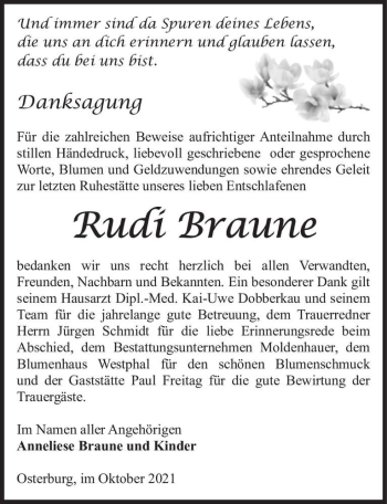 Traueranzeige von Rudi Braune  von Magdeburger Volksstimme