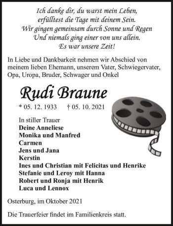 Traueranzeige von Rudi Braune  von Magdeburger Volksstimme
