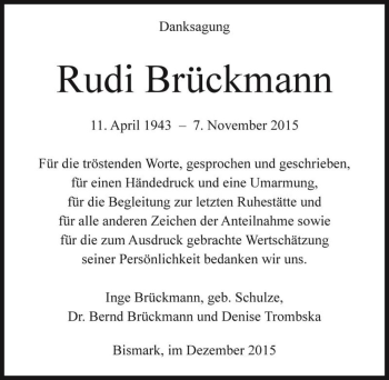 Traueranzeige von Rudi Brückmann  von Magdeburger Volksstimme