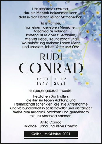 Traueranzeige von Rudi Conrad  von Magdeburger Volksstimme