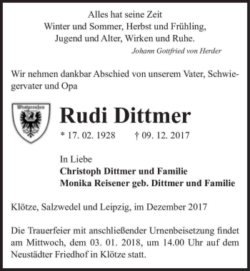 Traueranzeige von Rudi Dittmer  von Magdeburger Volksstimme