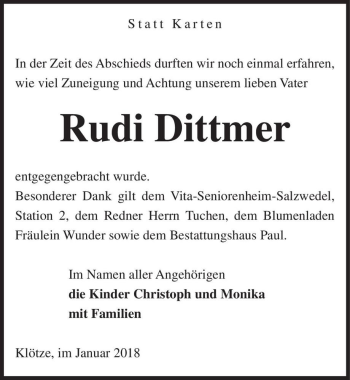 Traueranzeige von Rudi Dittmer  von Magdeburger Volksstimme