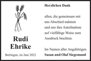 Traueranzeige von Rudi Ehrike  von Magdeburger Volksstimme