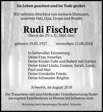 Traueranzeige von Rudi Fischer  von Magdeburger Volksstimme