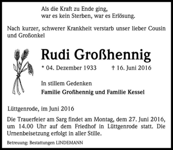 Traueranzeige von Rudi Großhennig  von Magdeburger Volksstimme