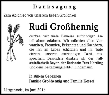 Traueranzeige von Rudi Großhennig  von Magdeburger Volksstimme