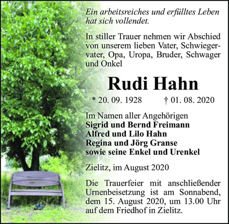  Traueranzeige für Rudi Hahn  vom 08.08.2020 aus Magdeburger Volksstimme
