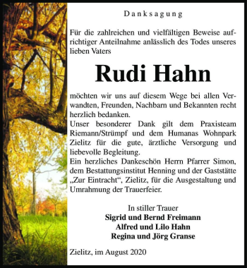Traueranzeige von Rudi Hahn  von Magdeburger Volksstimme