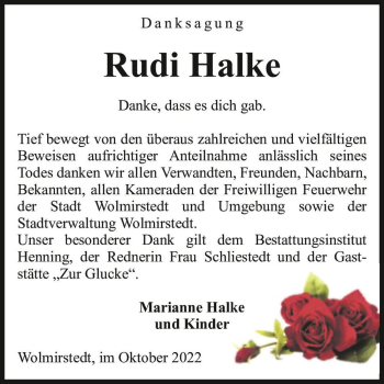 Traueranzeige von Rudi Halke  von Magdeburger Volksstimme
