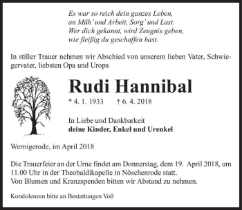 Traueranzeige von Rudi Hannibal  von Magdeburger Volksstimme