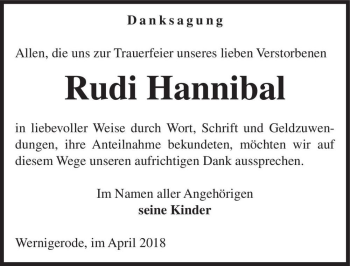 Traueranzeige von Rudi Hannibal  von Magdeburger Volksstimme