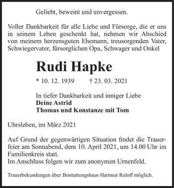 Traueranzeige von Rudi Hapke  von Magdeburger Volksstimme