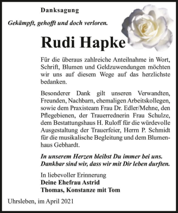Traueranzeige von Rudi Hapke  von Magdeburger Volksstimme