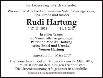 Traueranzeige von Rudi Hartung  von Magdeburger Volksstimme