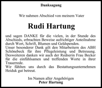 Traueranzeige von Rudi Hartung  von Magdeburger Volksstimme