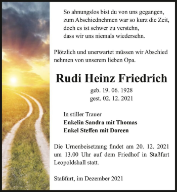 Traueranzeige von Rudi Heinz Friedrich  von Magdeburger Volksstimme