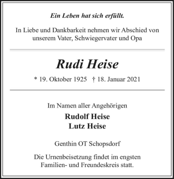 Traueranzeige von Rudi Heise  von Magdeburger Volksstimme