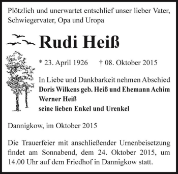 Traueranzeige von Rudi Heiß  von Magdeburger Volksstimme