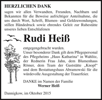 Traueranzeige von Rudi Heiß  von Magdeburger Volksstimme