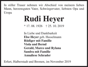 Traueranzeige von Rudi Heyer  von Magdeburger Volksstimme