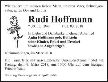 Traueranzeige von Rudi Hoffmann  von Magdeburger Volksstimme
