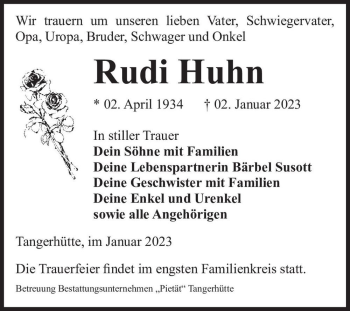 Traueranzeige von Rudi Huhn  von Magdeburger Volksstimme