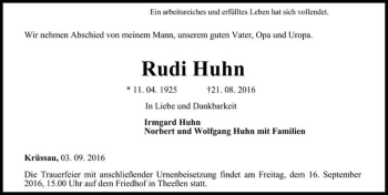 Traueranzeige von Rudi Huhn  von Magdeburger Volksstimme