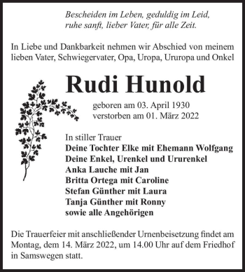 Traueranzeige von Rudi Hunold  von Magdeburger Volksstimme