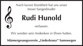 Traueranzeige von Rudi Hunold  von Magdeburger Volksstimme
