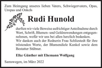 Traueranzeige von Rudi Hunold  von Magdeburger Volksstimme