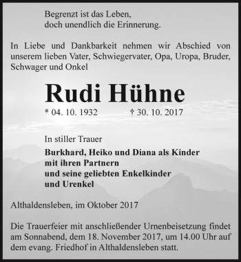 Traueranzeige von Rudi Hühne  von Magdeburger Volksstimme