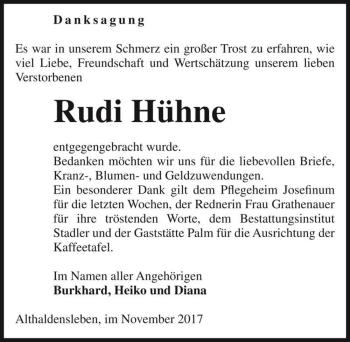 Traueranzeige von Rudi Hühne  von Magdeburger Volksstimme