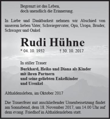 Traueranzeige von Rudi Hühne  von Magdeburger Volksstimme