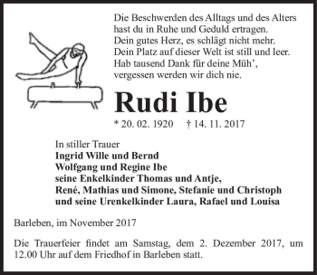 Traueranzeige von Rudi Ibe  von Magdeburger Volksstimme