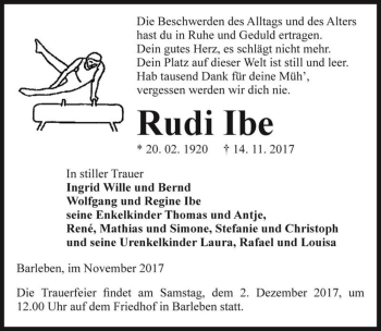 Traueranzeige von Rudi Ibe  von Magdeburger Volksstimme