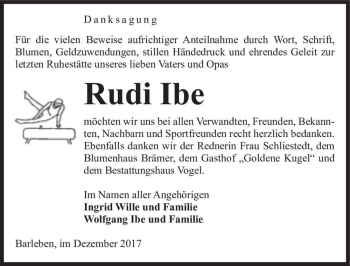 Traueranzeige von Rudi Ibe  von Magdeburger Volksstimme