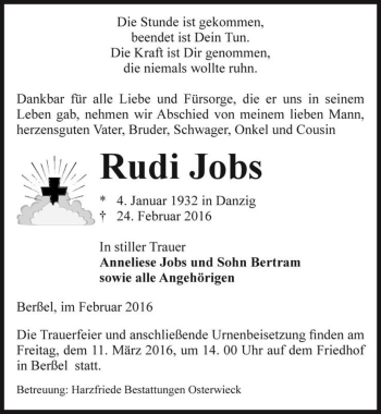 Traueranzeige von Rudi Jobs  von Magdeburger Volksstimme