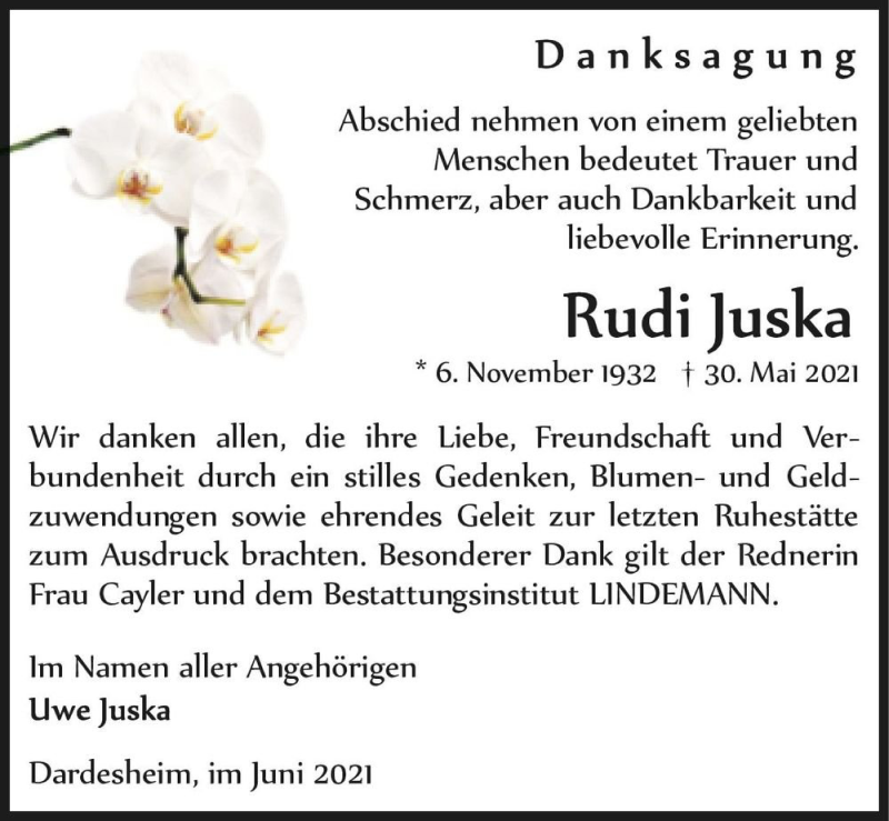  Traueranzeige für Rudi Juska  vom 26.06.2021 aus Magdeburger Volksstimme