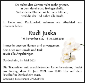 Traueranzeige von Rudi Juska  von Magdeburger Volksstimme