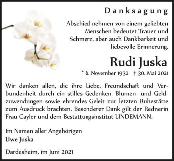 Traueranzeige von Rudi Juska  von Magdeburger Volksstimme