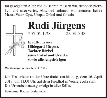 Traueranzeige von Rudi Jürgens  von Magdeburger Volksstimme