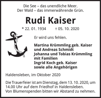 Traueranzeige von Rudi Kaiser  von Magdeburger Volksstimme
