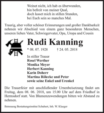 Traueranzeige von Rudi Kanning  von Magdeburger Volksstimme